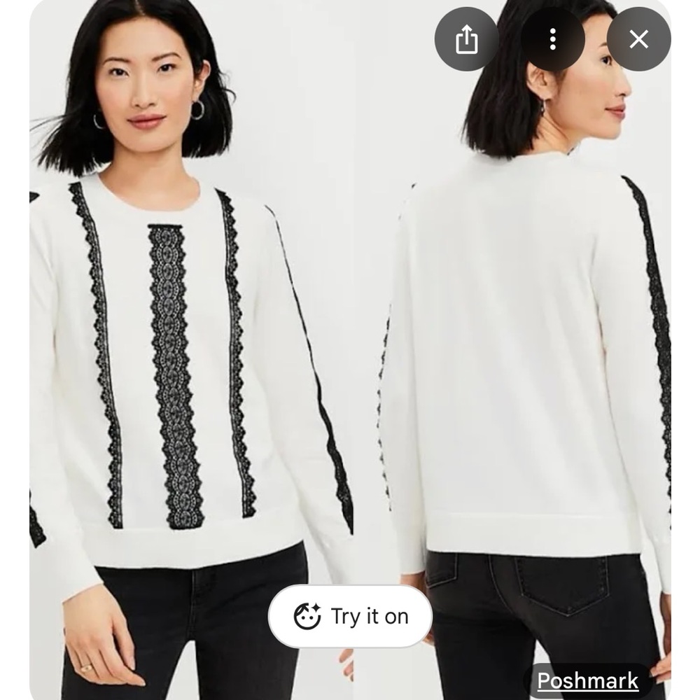 LOFT Ivory Pullover with Black Lace Details